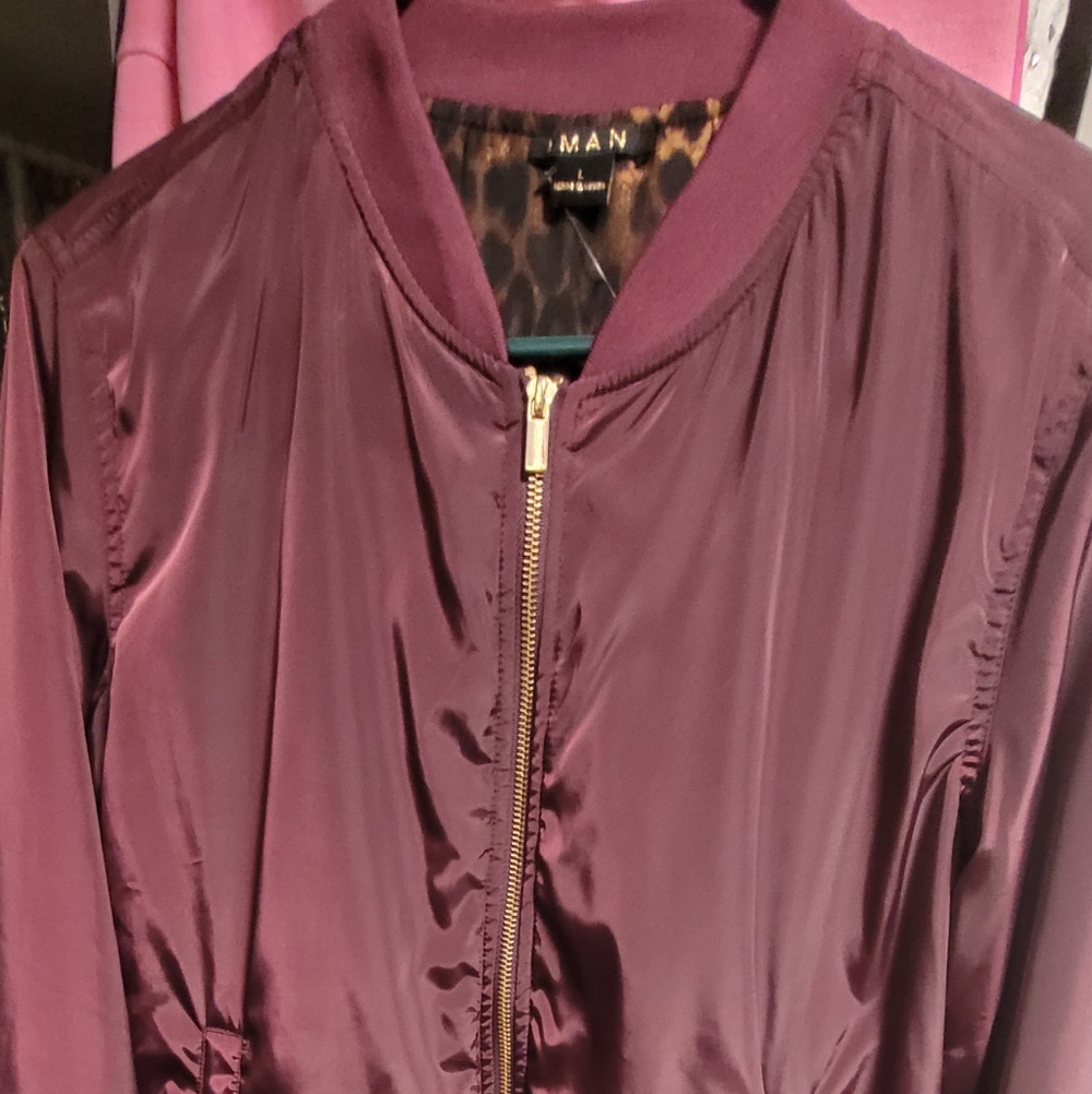 Purple Plum Colored IMAN Zip Front Nylon Bomber Style Jacket, Size L.